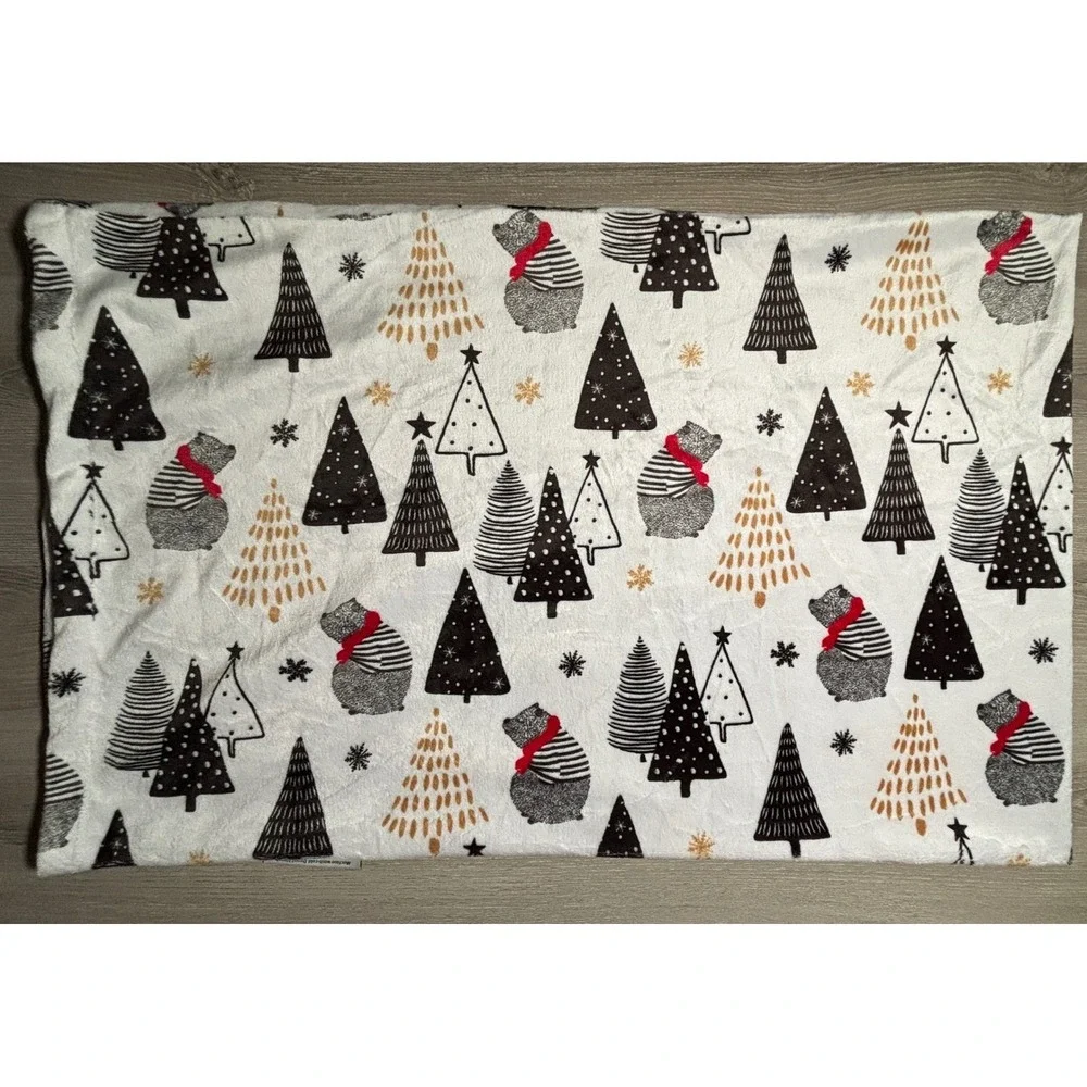 Minky Couture Christmas Bear Tree Plush Pillowcase White Black Gold Red 31x19